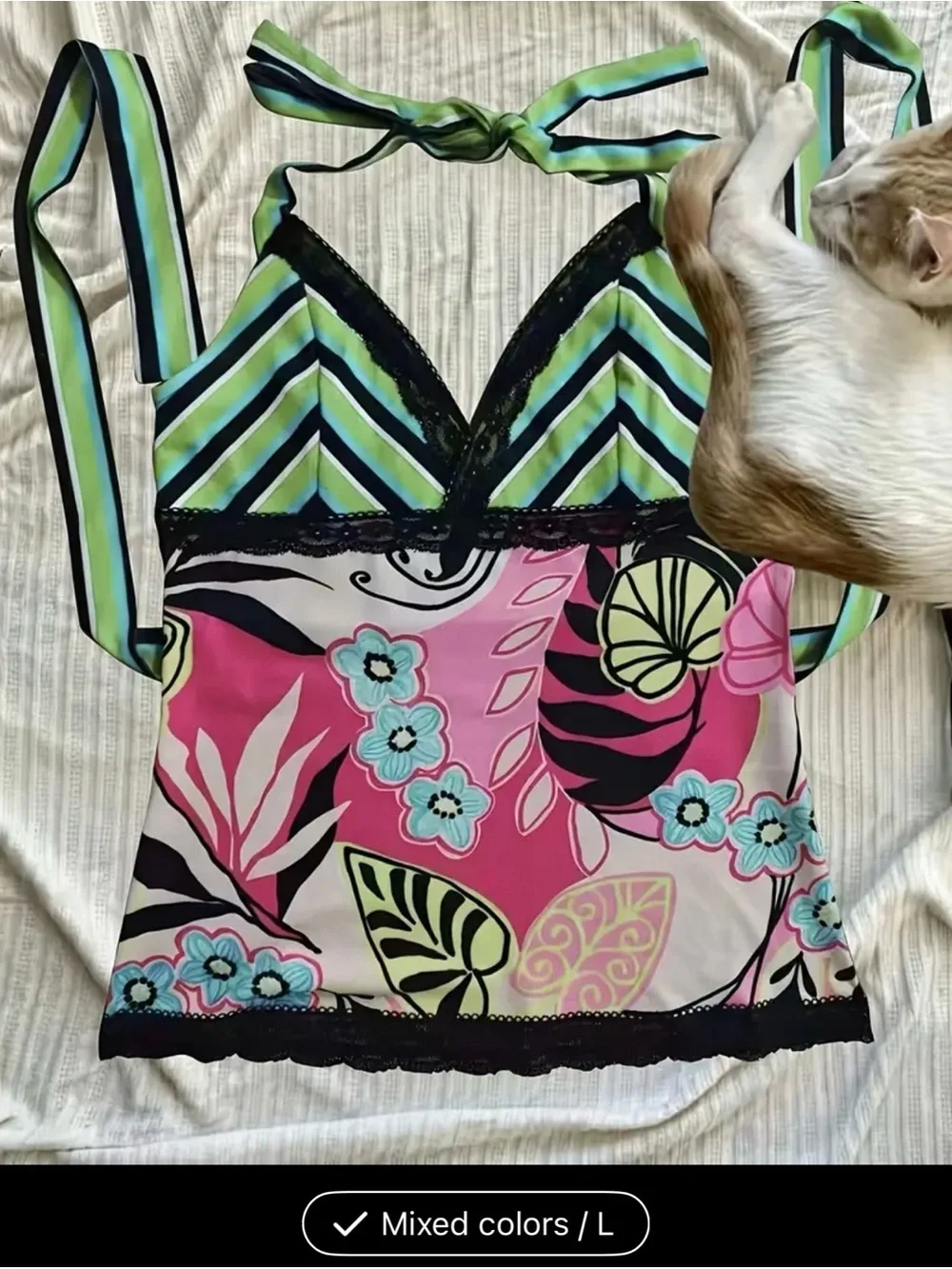 Vibrant Floral Halter Tankini Top - Green, Blue, Pink